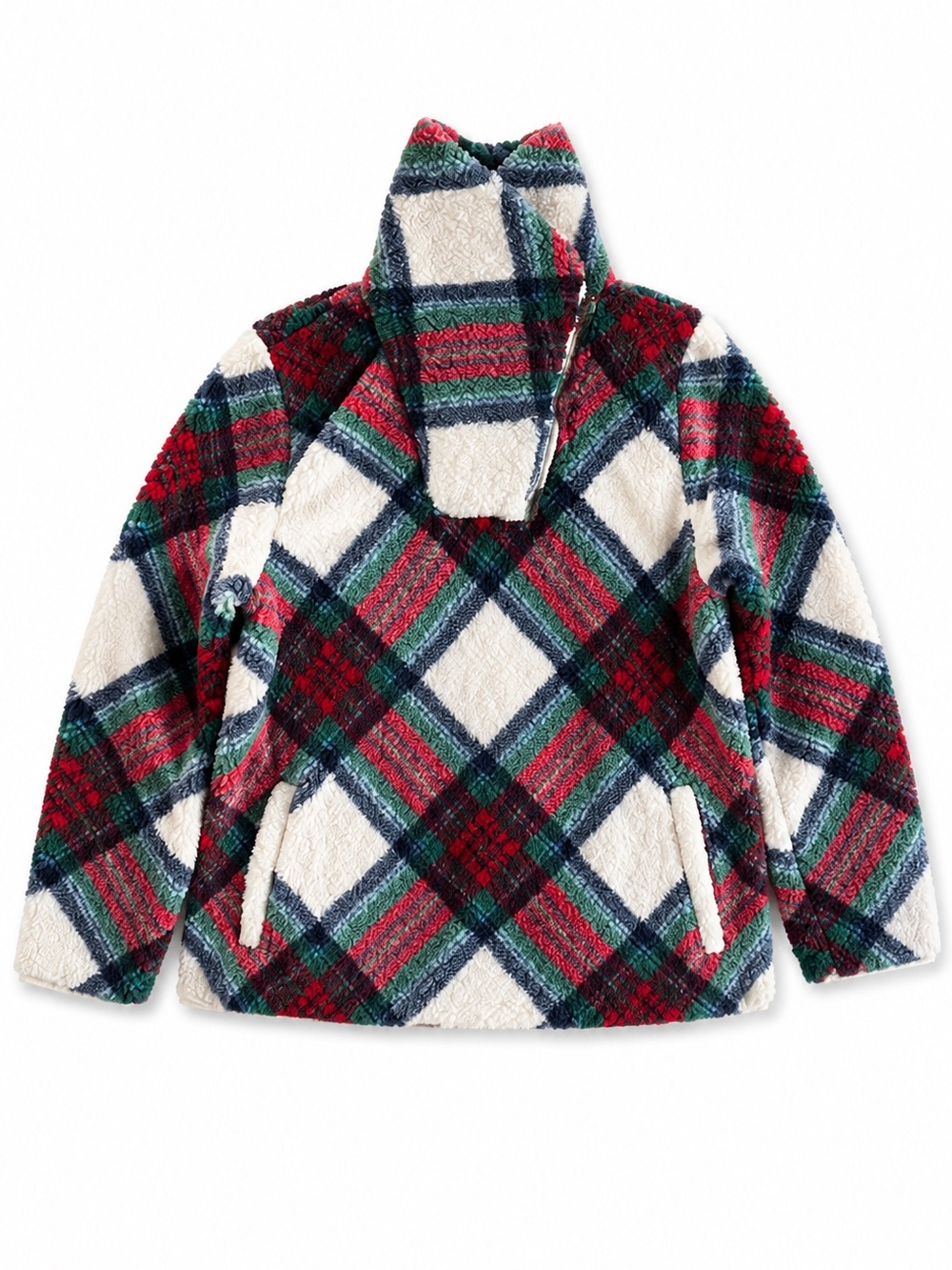 Talbots Plaid Sherpa Fleece Quarter Zip Pullover Cream Red Green Holiday Size XL